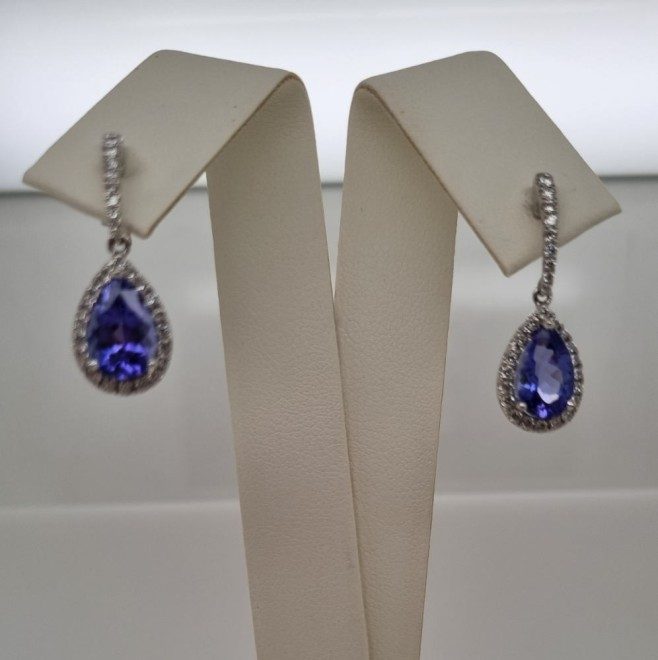 18ct White Gold Tanzanite and Diamond Drop Earrings