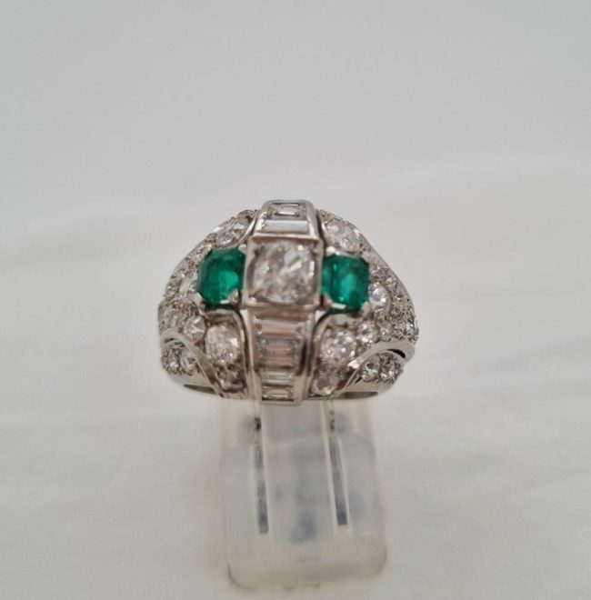 Platinum Emerald Diamond Art Deco Ring