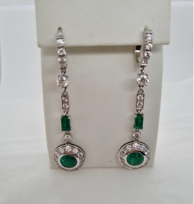 18ct White Gold Emerald & Diamond Drop Earrings