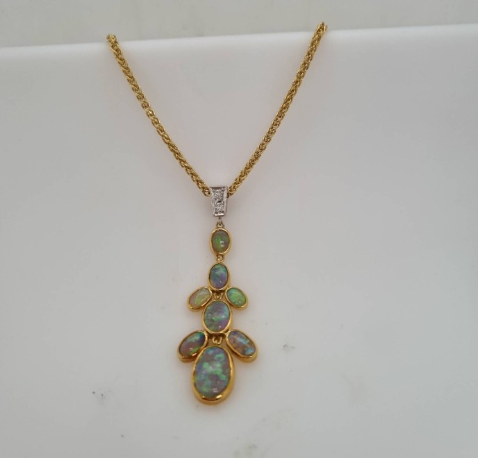 18ct Yellow Gold & White Gold Handmade Opals & Diamonds Pendant